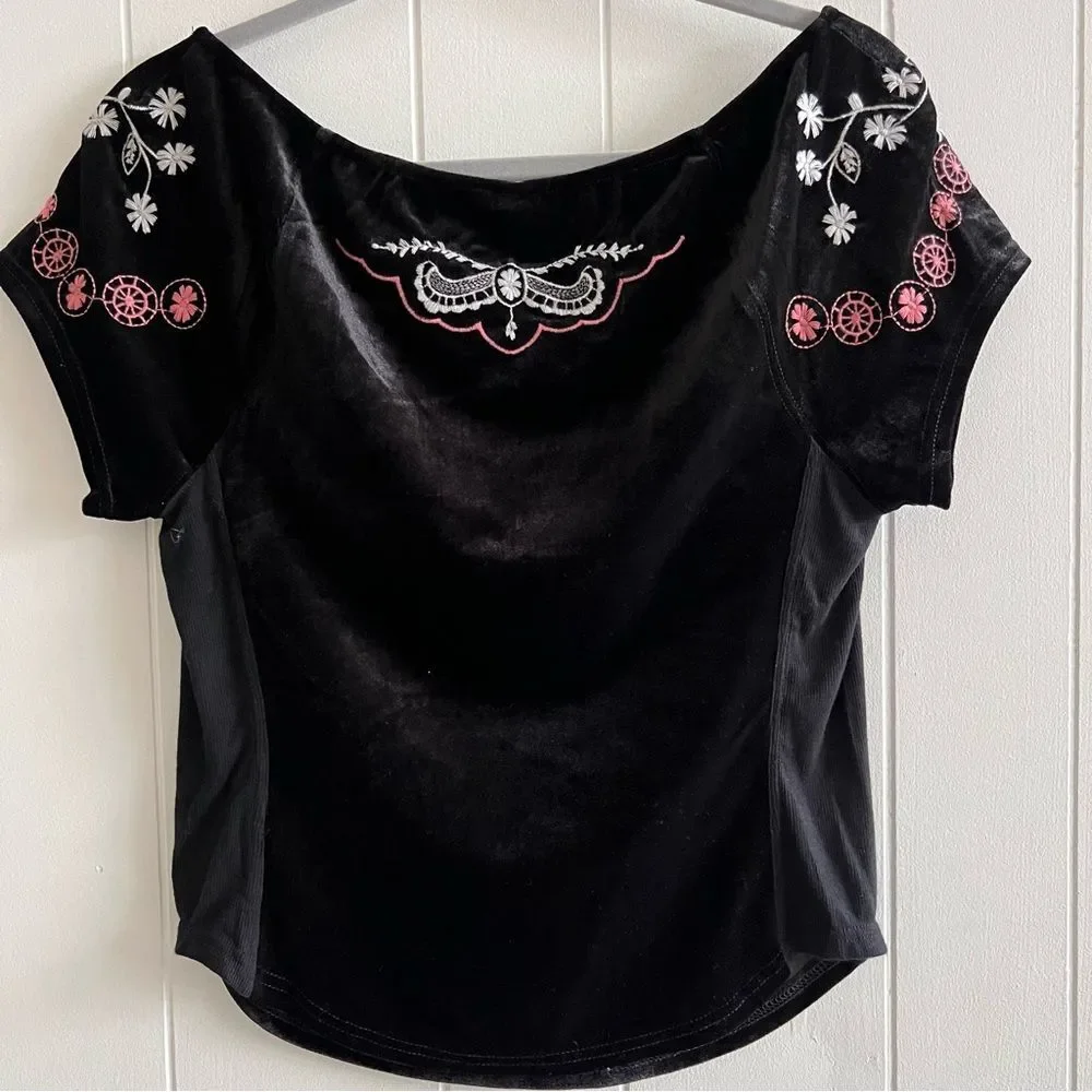 Free People Party Train Top Black Velvet Embroidered Floral Stretch